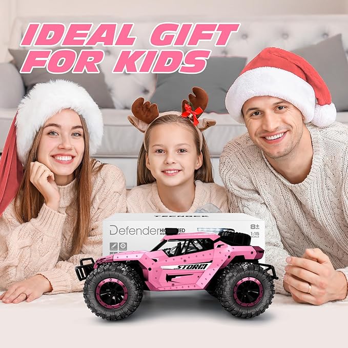 Tecnock Pink RC Car 1/16 Scale Remote Control Car for Girls, High Speed 20 Km/h All Terrains Rc Monster Truck with Two Rechargeable Batteries & Head Chassis Lights Gift Toy for Kids Adults