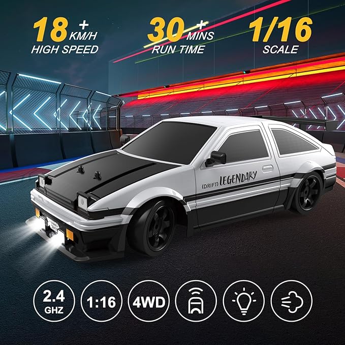 Mostop RC Drift Car 1:16 2.4Ghz Remote Control Drift Car with LED Light, Spray, 2 Batteries and Extra Tires, 18KM/H High Speed Drifting RC Cars 4WD Hobby RC Sport Racing Cars Model Vehicle for Kids