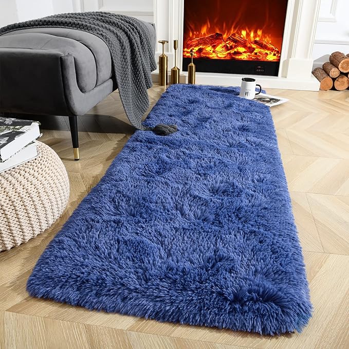 Ompaa Fluffy Runner Rugs, 2x6 Feet Navy Blue, Super Soft Shaggy Carpet Fuzzy Long Fur Rug for Bedroom Living Room Dorm, Plush Kids Playroom Baby Girls Nursery Decor Mats