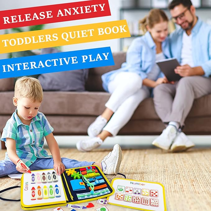 Busy Board Montessori Toys for 1 2 3 4 Year Old Boy & Girl Birthday Gifts, Busy Book for Toddlers 1-3, Sensory Educational Travel Toys, Preschool Activities for Learning Fine Motor Skills