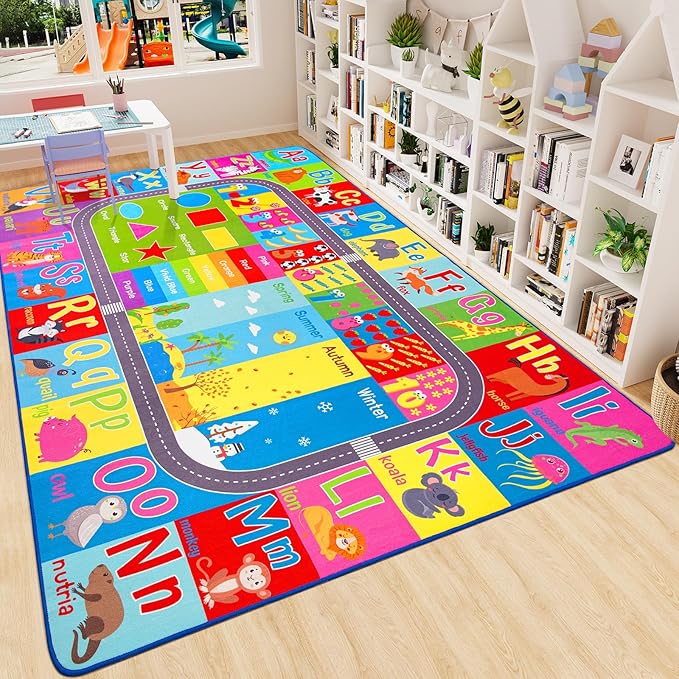 HOMORE Kids Educational Rug, 9x12 Kids Collection Area Rug for Learning Alphabet, Numbers, Colors, Season and Animal Words, Playmat for Classroom Playroom