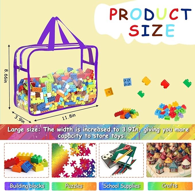 6 Packs Large Toy Storage Bags with Labels, Reusable Clear PVC Board Game Storage, Travel Waterproof Organizer Bags with Zipper for Building Blocks, Puzzle, Kids Books（6 Colors）