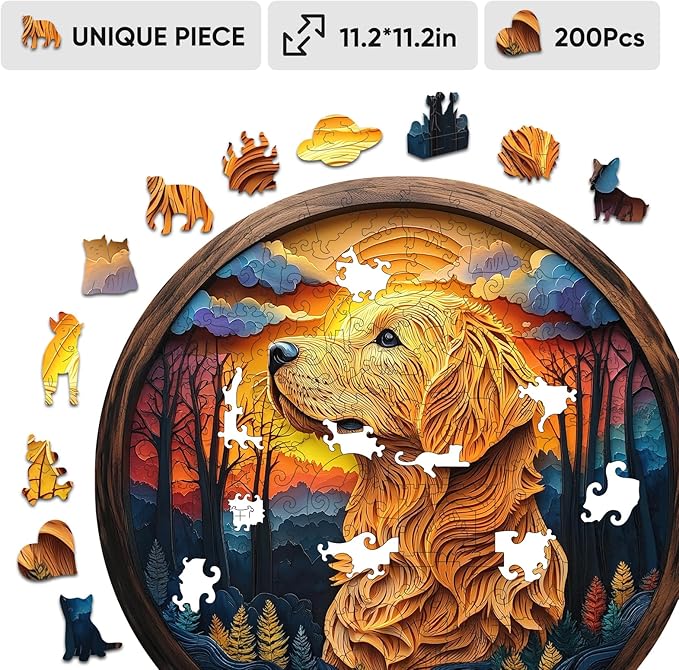 Wooden Puzzle for Adults - 3D Golden Retriever Wooden Jigsaw Puzzles 200 Piece, Unique Shaped Animal Challenging Puzzles, Exquisite Packaging, Best Gift for Family Friends11.2x11.2 in