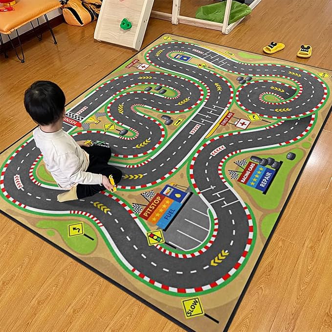 Kids Rug, Race Track Playmat Rugs - 5x7 Ft Kids Carpet with Rubber Backing, Start and Finish line Racing Track Marking Car or Karting Road Race 3D Play Mat Nursery Rugs for Children Bedroom Playroom