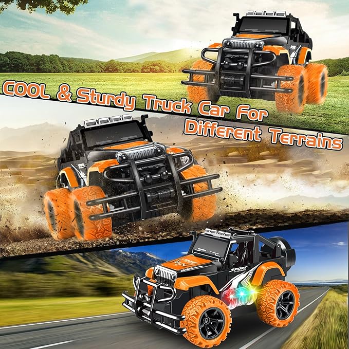 Remote Control Car for Kids 3-5, Off Road Rc Racing Car Vehicle Remote Control Truck for Girls Boys 4-7 8-12 Monster Trucks with 3 Color Led Lights Birthday Gift, Orange