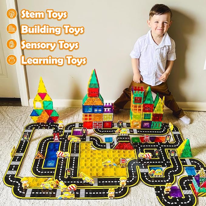 102 PCS Magnetic Tiles Construction Toys Magnet Building Toys for Boys and Girls Ages 3-5 5-7 8-10, STEM Sensory Toys Creative Play Includes Roads, Vehicles, Dolls, Traffic Signs and Construction Sign