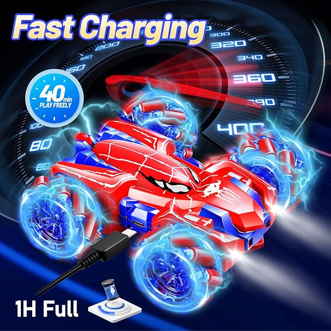 Remote Control Car for Kids - Spider 360° Flip Double-Sided RC Car, 4WD Rechargeable Drift Racing Toy with Strip Lights & Headlights - Birthday Gifts for Boys Girls Ages 4-12