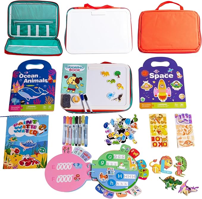 Toddler Travel Toys – My Preschool Busy Book, Airplane Activities for Kids Ages 3-5, Reusable Sticker Book, Water Coloring Book, Preschool Workbooks, 3D Puzzle, Travel Toy for Car or Plane