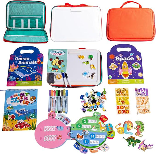 Toddler Travel Toys – My Preschool Busy Book, Airplane Activities for Kids Ages 3-5, Reusable Sticker Book, Water Coloring Book, Preschool Workbooks, 3D Puzzle, Travel Toy for Car or Plane