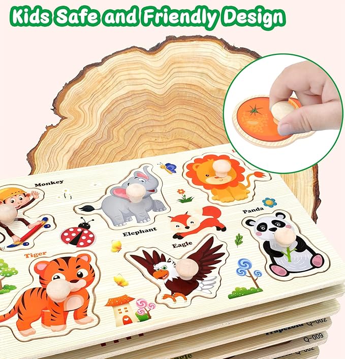 Wooden Puzzles for Toddlers, 4 Pack Montessori Toys Preschool Learning Puzzles for Baby, Farm, Shapes, Animals, Fruits Wooden Peg Puzzles for Boys and Girls (4 Pack)