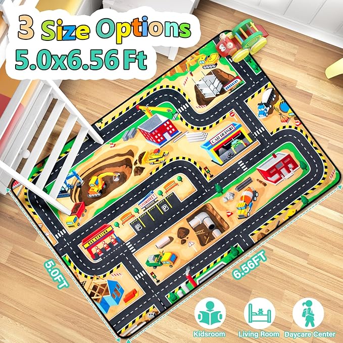 Kids Rug Construction Site Play Rug,5x7 Ft Area Rug, Tufted Wool & Rubber, Non-Slip, Stain & Fade Resistant, Machine Washable, Rustic Cartoon Construction Site Pattern