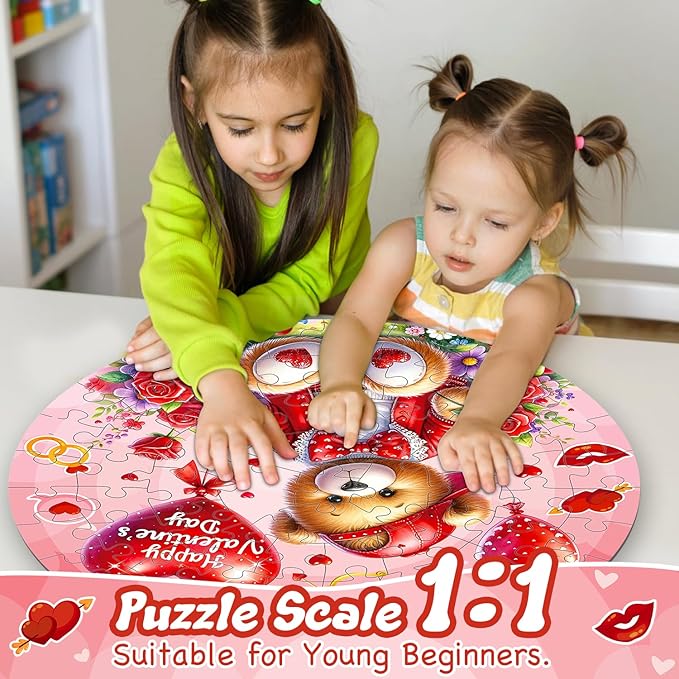 Valentines Floor Puzzles for Kids Age 4-8, Valentiens Day Gifts for Kids Classroom Exchange Gifts Love Bear and Balloons Large Jigsaw Puzzles Educational Learning Toys