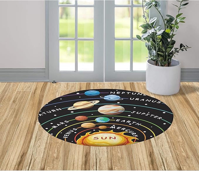 Cinbloo Space Rug for Kids Room Galaxy Solar System Area Round Mat for Boys Bedroom Educational Learning Planet Black Nursery Playroom Classroom Soft Floor Carpet (Black, 36"x36")