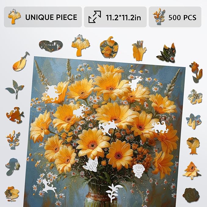 Flower Wooden Puzzles for Adults, 500 Pieces Chrysanthemum Wooden Jigsaw Puzzles, 16.7 in Wooden Puzzle Adult Creative Christmas Mother's Day Toy Gifts for Family