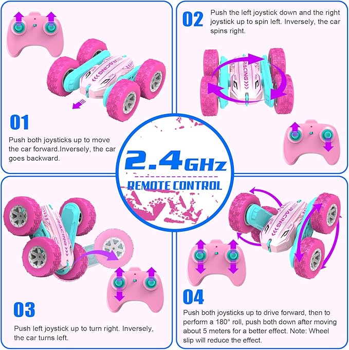 Remote Control Car for Girls, RC Car for Girls, 360° Stunt Rotating Double-Sided Race Remote Cars with Headlights, Fun Toys Christmas Birthday Gifts for 4-7 8-12 Years Old Boys Girls