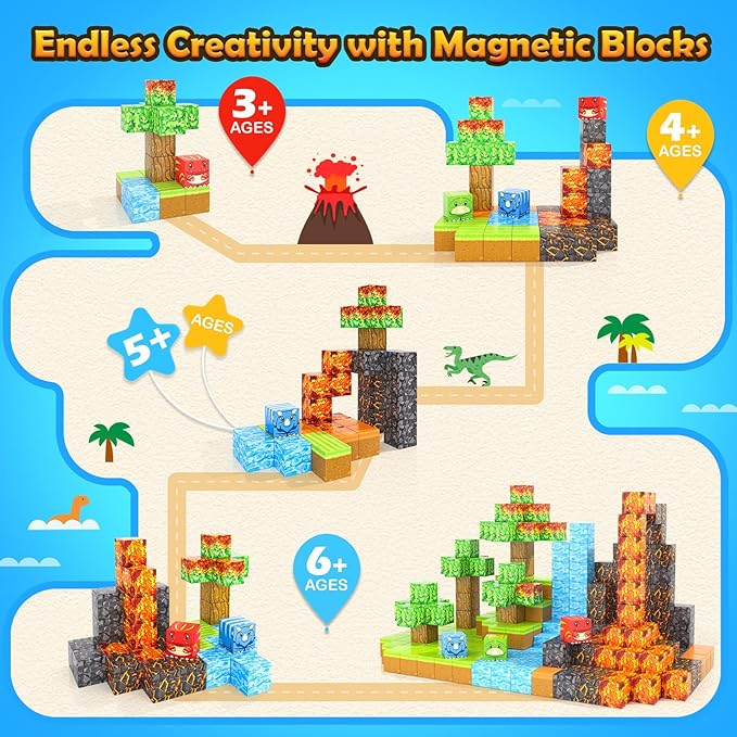 Magnetic Blocks-Build Mine Magnet World Dino Edition, Dinosaur Toys Magnet Building Blocks Jurassic Scenes Kids Toys for Boys 3-5 4-6 6-8 Magnetic STEM Construction Sensory Toddler Kids Games