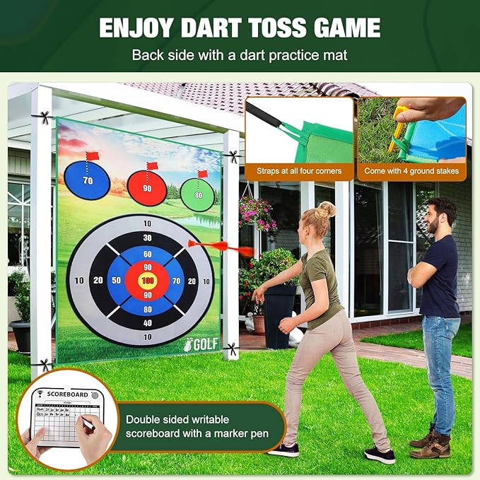 MoKo Golf Chipping Mat Set - 47"x70" Sticky Battle Golf Game Play Set Double Sided Par Pursuit Game for Kids Adults, Indoor & Outdoor, with 2 Sticks 20 Sticky Balls