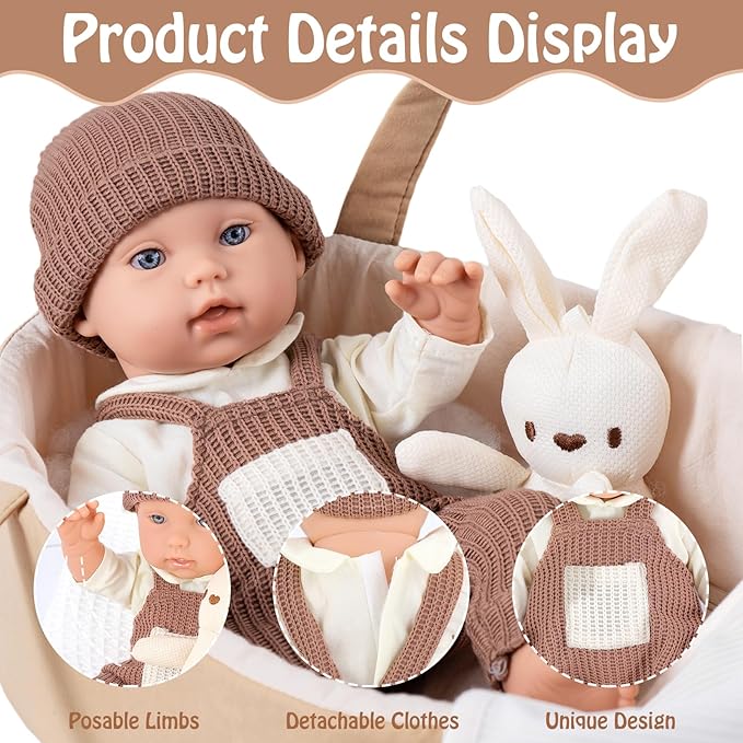 12" Baby Dolls with Carrier Bassinet,Newborn Alive Doll with Accessories and Knit Clothes Includes Pacifier,Bunny Toy,First Baby Doll for Toddlers 3 Ages and Up