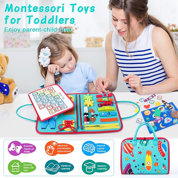 Busy Board for Toddlers 2-4, Montessori Travel Toy for Plane/Car, Educational Sensory Toy for Toddlers 1-3, Preschool Activities Board for Developing Fine Motor Skills, Gift for Boys Girls