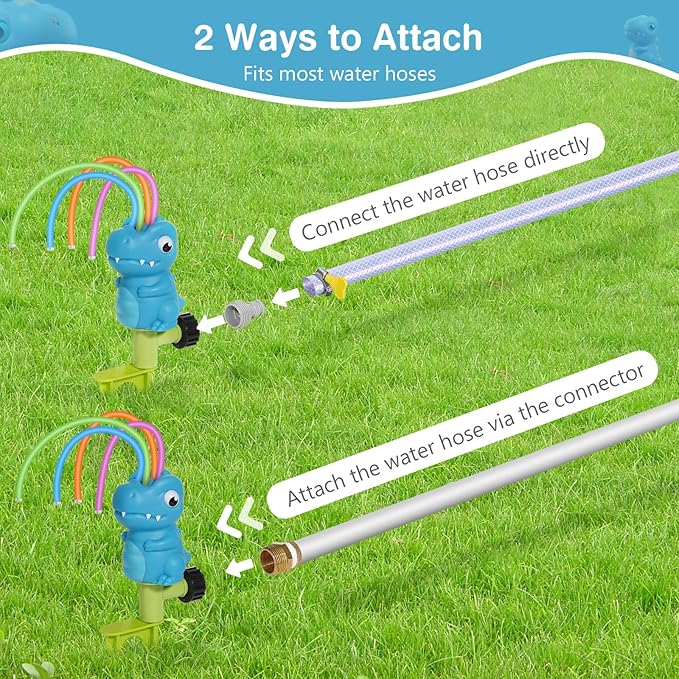 MoKo Water Sprinkler for Kids, Dinosaur Toddler Outdoor Toys with 4 Wiggle Tubes and Hose Clamp, Outdoor Play Toys Spray Up to 8ft, Summer Water Toys Sprinklers for Yard Lawn Garden Game, 1 Pack, Blue