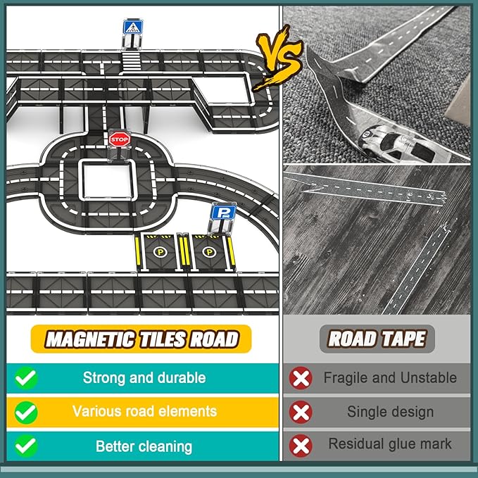 Magnetic Tiles Road Set, Roads Expansion Pack, Magnetic Blocks Building Toys for Toddler, Creative Montessori Toys for 3+ Year Old Boys & Girls, Ideal Gifts for Kids Ages 3-5 5-7