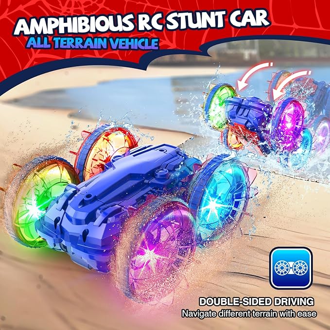 Spider Amphibious Remote Control Car Boat, Spider Toys for Ages 6 7 8 9 10 11 12, 360° Gesture Sensing RC Vehicle, 4WD Waterproof Stunt Car with LED Lights, Gifts for Boy and Girl