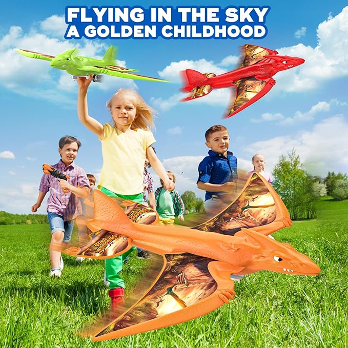 3 Pack Dinosaur Airplane Launcher Toys, Flying Toys for 3 4 5 6 7 8 9 10 Year Old Boys, Easter Gifts for Kids, Foam Plane Outdoor Toys 5-12 Year Old Boy Gift Ideas, Airplane Birthday Gift Party favors