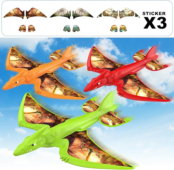3 Pack Dinosaur Airplane Launcher Toys, Flying Toys for 3 4 5 6 7 8 9 10 Year Old Boys, Easter Gifts for Kids, Foam Plane Outdoor Toys 5-12 Year Old Boy Gift Ideas, Airplane Birthday Gift Party favors