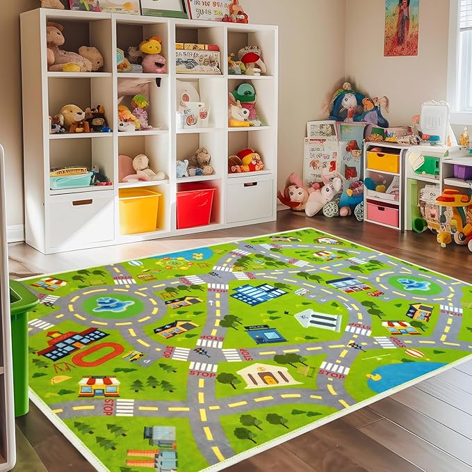 4x6 Ft Kids Rug Car Play Mat Car Rug for Playroom, Kids Educational City Traffic Road Map Fun Carpet, Kid Bedroom Rugs Decor, Road Rugs for Ages 3-12 Years Old (KR1, 4x6ft)