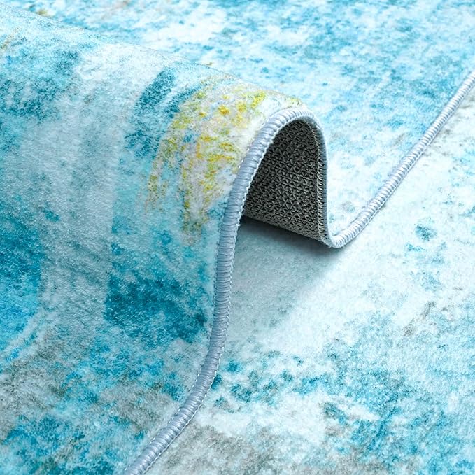 Area Rug 4x6 Teal Blue Rug Washable Boho Rugs Non Slip Low Pile Abstract Small Carpet for Entryway, Bedroom, Kitchen, Classroom, Kids Room, Office, Dorm, Dining Room