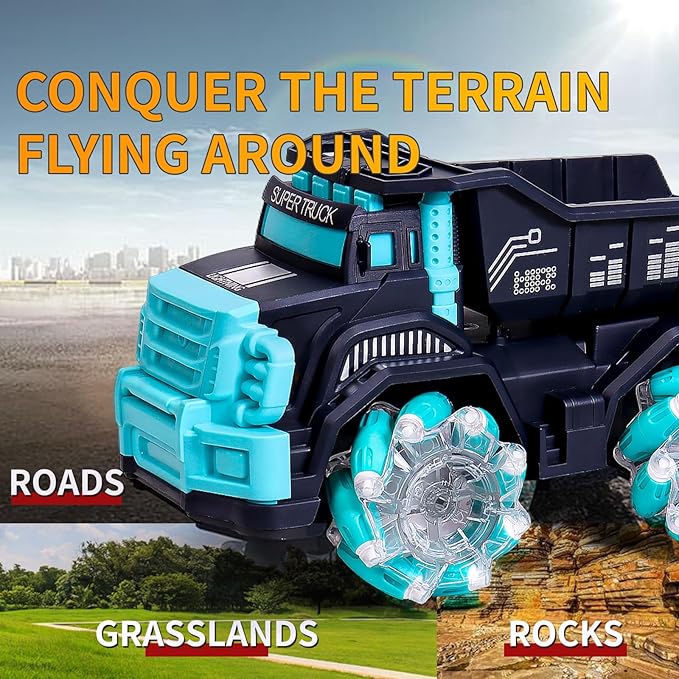Remote Control Dump Truck,RC Stunt Car with Light & Music,RC Cars Gifts for Boys,Toy Cars for Kids 4 5 6 7 8 9 10 11 12 Yr Birthday Christmas(2 Batteries)