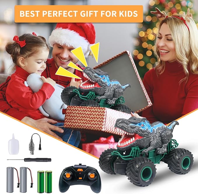 Dinosaur Remote Control Car, 2.4GHz RC Mega Monster Truck Toys for Toddlers, Dinosaur Toys with Light Sound Spray, Christmas and Birthday Gifts for 2 3 4 5 6 7 8-12 Kids Boys,All Terrain RC Cars