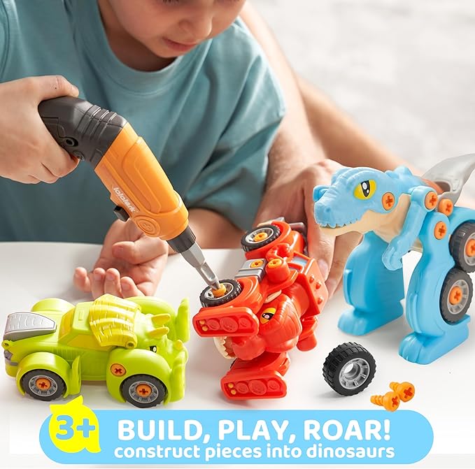Dinosaur Toys, 3 Pack Take Apart Dinosaur Playset with Electric Drill, Transforming Construction Building Toys, Two-Way Switch, Play Cars for Boys Girls Kids, Christmas Birthday Gifts for Kids