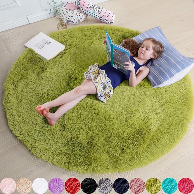 Amdrebio Grass Green Round Rugs 6Ft for Living Room Bedroom Decor Aesthetic, Large Fluffy Shaggy Circle Area Rug for Kids Playroom Baby Nursery, Big Soft Shag Fuzzy Modern Cool Floor Circular Carpet