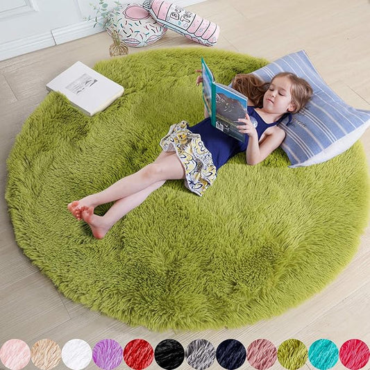 Amdrebio Grass Green Round Rugs 6Ft for Living Room Bedroom Decor Aesthetic, Large Fluffy Shaggy Circle Area Rug for Kids Playroom Baby Nursery, Big Soft Shag Fuzzy Modern Cool Floor Circular Carpet
