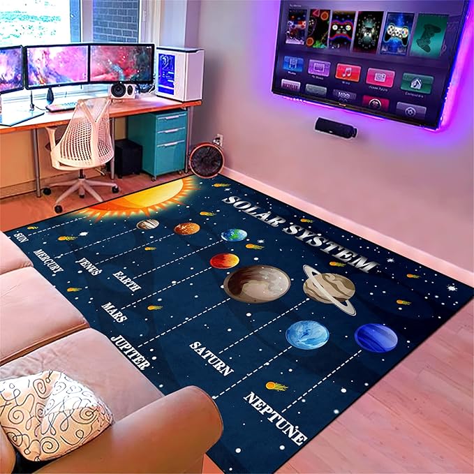 Galaxy Area Rugs Universe Solar System Planet Theme Small Carpets Space Rugs for Kids Bedroom Educational Learning Rug for Living Room Bedroom Indoor Crystal Polyester Floor Sofa Mats, 2'5''×4'