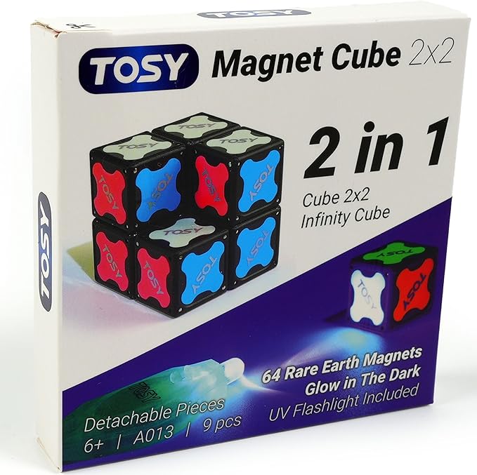 TOSY Magnet Cube 2x2 - 8 Blocks, 2 in 1 Toy: 2x2x2 Puzzle Cube and Customizable Infinity Cube, Glowing, UV Flashlight, Fidget/Sensory/STEAM Magnet Tiles Birthday Gift for Kids/Teens/Adults