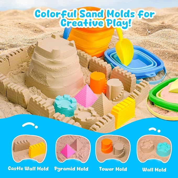 Collapsible Beach Toys Sand Toys for Toddlers 1-3, Beach Toy Sand Toy for Kids Ages 4-8, Collapsible Beach Sand Buckets Toys for Kids, Sandbox Toys for Toddler with Castle Sand Mold Shovel