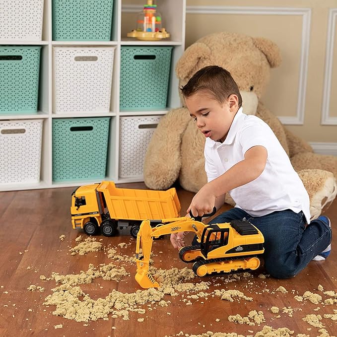 Toy To Enjoy Construction Toys - Excavator & Dump Truck Toy for Kids (Set of 2) – Moveable Claw & Lifting Back – Garbage Truck & Bulldozer Digger – Construction Vehicles for Boys & Kids