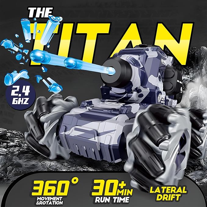 RC Tank That Shoots BBS, Water Bullet Shooting RC Stunt Car for Kids, 2.4GHz Remote Control Truck with Light Spray, 360° Rotation & Drifting, Birthday Gift for Boys, 30+ Min Playtime
