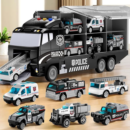 Toddler Boys Toys for 3 4 5 6 Years Old, Police Truck Vehicle Toy Set with Play Mat, Die-Cast Toy Car Carrier Truck for Kids, Birthday Gifts Toys for 3 4 5 6 7 8+ Year Old Boys