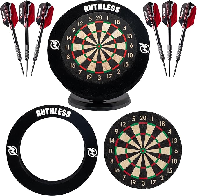 Ruthless Miniature Desk Top Dart Board Set for Home and Office - Includes Mini Steel Tip Darts, Choice of Surround and Mouse Mat