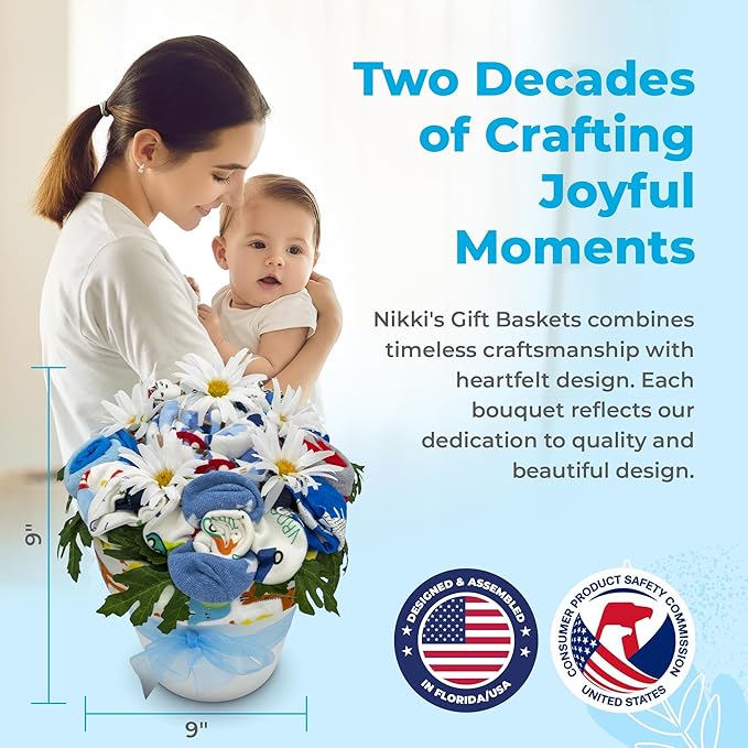 Deluxe Baby Blossom Clothing Bouquet | Newborn Baby Boy Gift Set | Unique Baby Gift Basket for Expecting Moms | New Baby Gift Basket | Blue Baby Gift Set | Baby Boy Outfits | Nikki's Gift Baskets