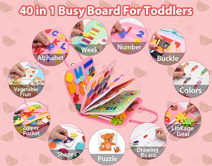 14 Pages Busy Board for Toddlers 2-4,Montessori Travel Toy for Plane/Car,Educational Sensory Toy for Toddlers 1-3,Preschool Activities Board for Developing Fine Motor Skills,Gift for Boys/Girls
