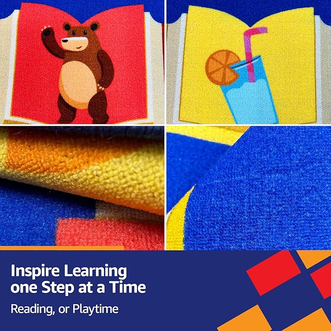 Educational Classroom Rug 7'5"x13' Blue Carpet with 24 Seats Reading Books Kids Playmat Non Slip Seating Rug for Elementary, Preschool, Nursery, Kids Room