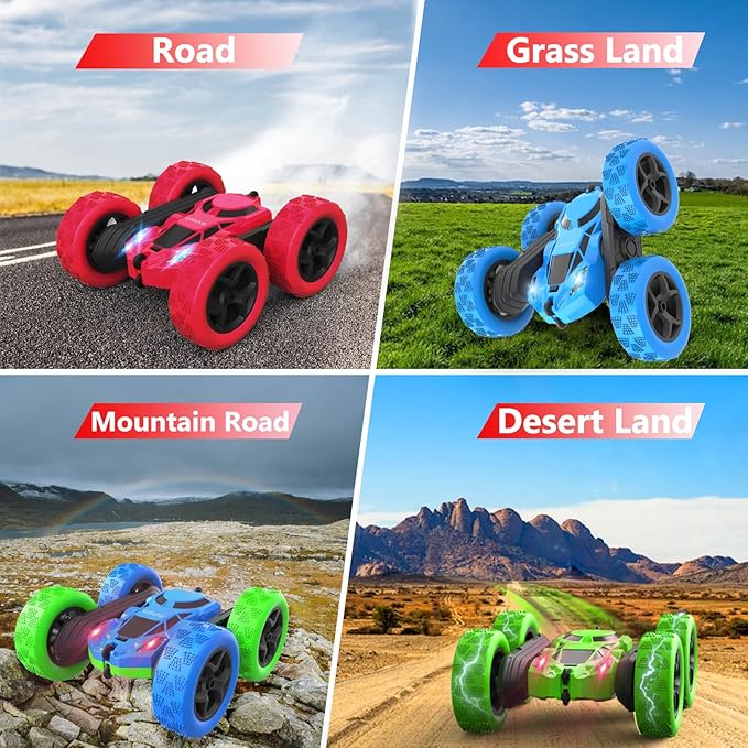 Remote Control Car for Boys - Car Toy for Kids Age 6 7 8 9, 4WD 2.4Ghz Double Sided 360° Rotating RC Cars with Headlights, Christmas Birthday for Boys and Girls - Red