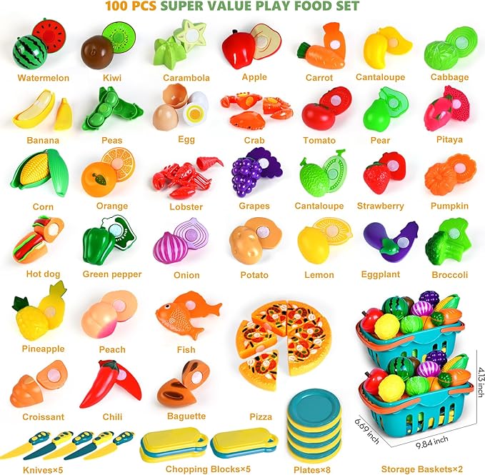 100 Pcs Play Food Set for Kids Kitchen, Pretend Food Toy for Toddlers Age 1-3, Plastic Cutting Fake Food/ Fruit/ Vegetable Accessories with 2 Baskets, Birthday Gifts for 2 3 4 5 Years Old Boys Girls