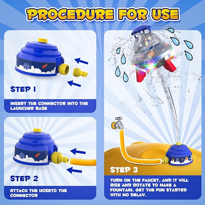 Outdoor Water Sprinkler Toys for Kids, Summer Water UFO Spaceship Rocket Sprinklers Launch Toys with Light, Ideal Holiday Backyard Lawn Yard Game Birthday Gift for Boys Girls 3 Years and Up (Blue)