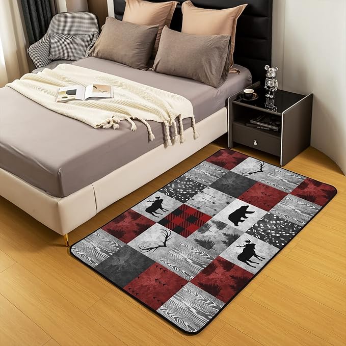 Erosebridal Lodge Deer Area Rug 4x5, Burgundy Buffalo Plaid Check Rug for Kids Boys Girls, Bear Elk Antler Wild Hunting Animal Carpet for Bedside, Merry Christmas Decorative Rug