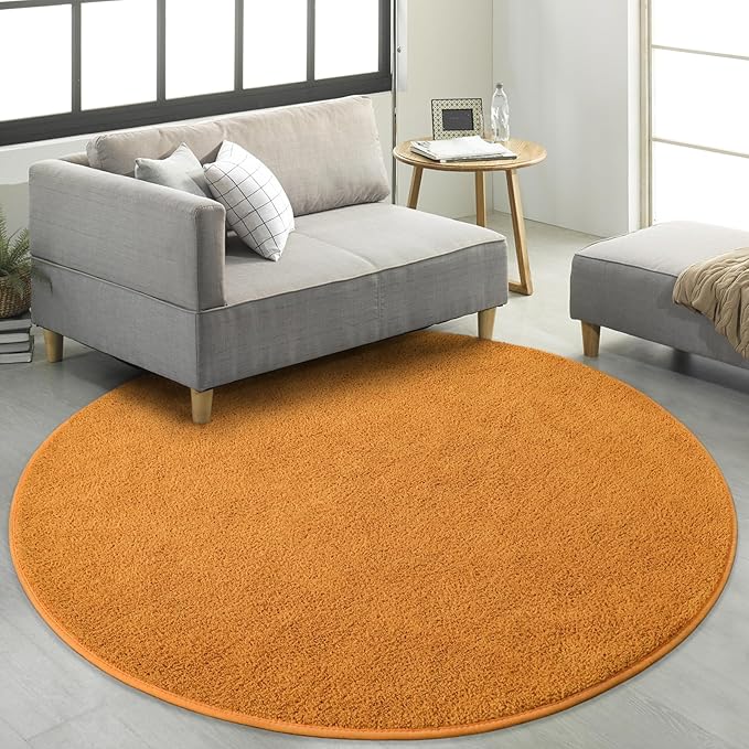 FlyDOIT Round Area Rugs for Bedroom Living Room, 4x4 Orange Super Soft Comfy Thickened Memory-Foam Indoor Circle Carpets, Modern Aesthetic Minimalist Carpet for Boys Girls Adults Nursery Home Décor